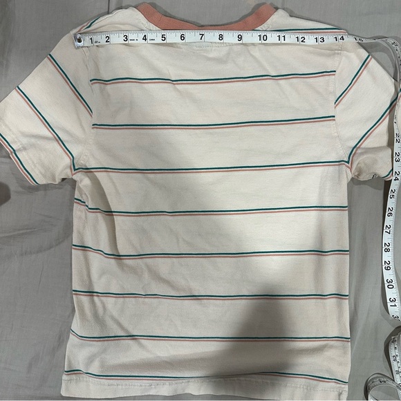 Women’s Volcom Short Sleeve T-Shirt Off White Pink Teal Stripes Small - Picture 5 of 5